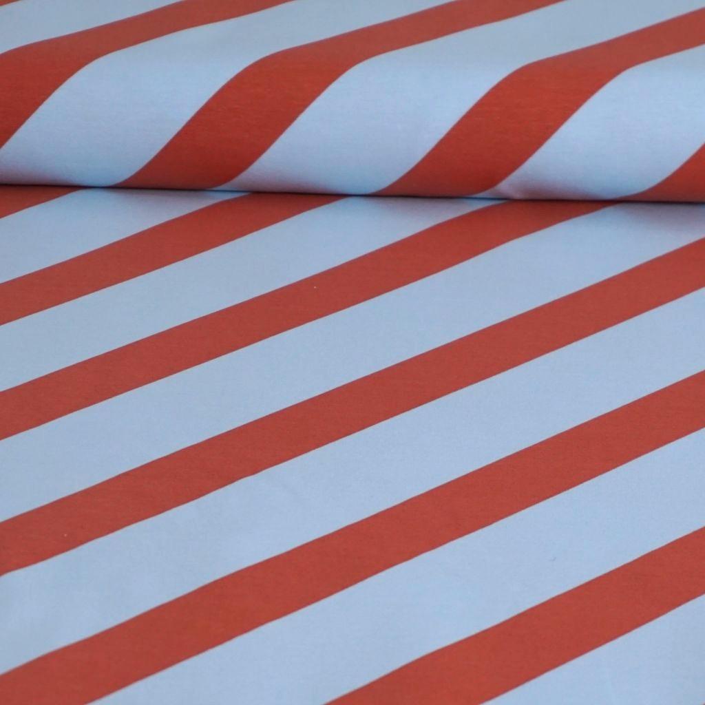 French Terry Blockstreifen diagonal hellblau rostrot